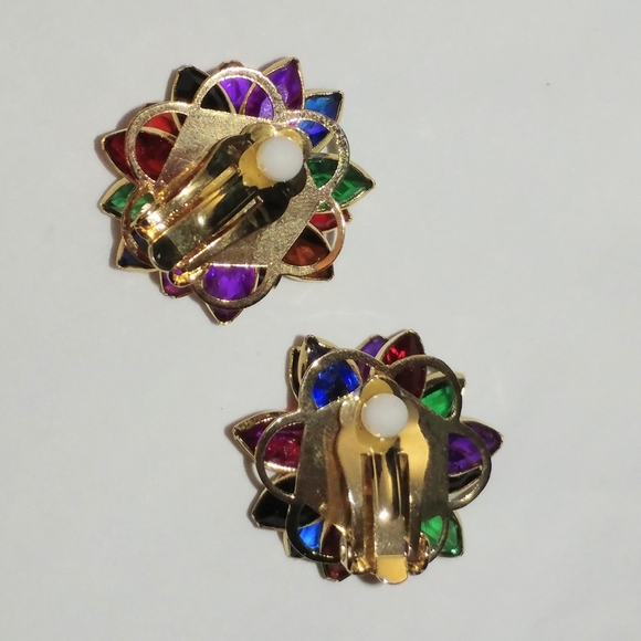 MULTI-COLOR NAVETTE CLUSTER EARRINGS - VINTAGE CLIP-ON - Picture 3 of 5